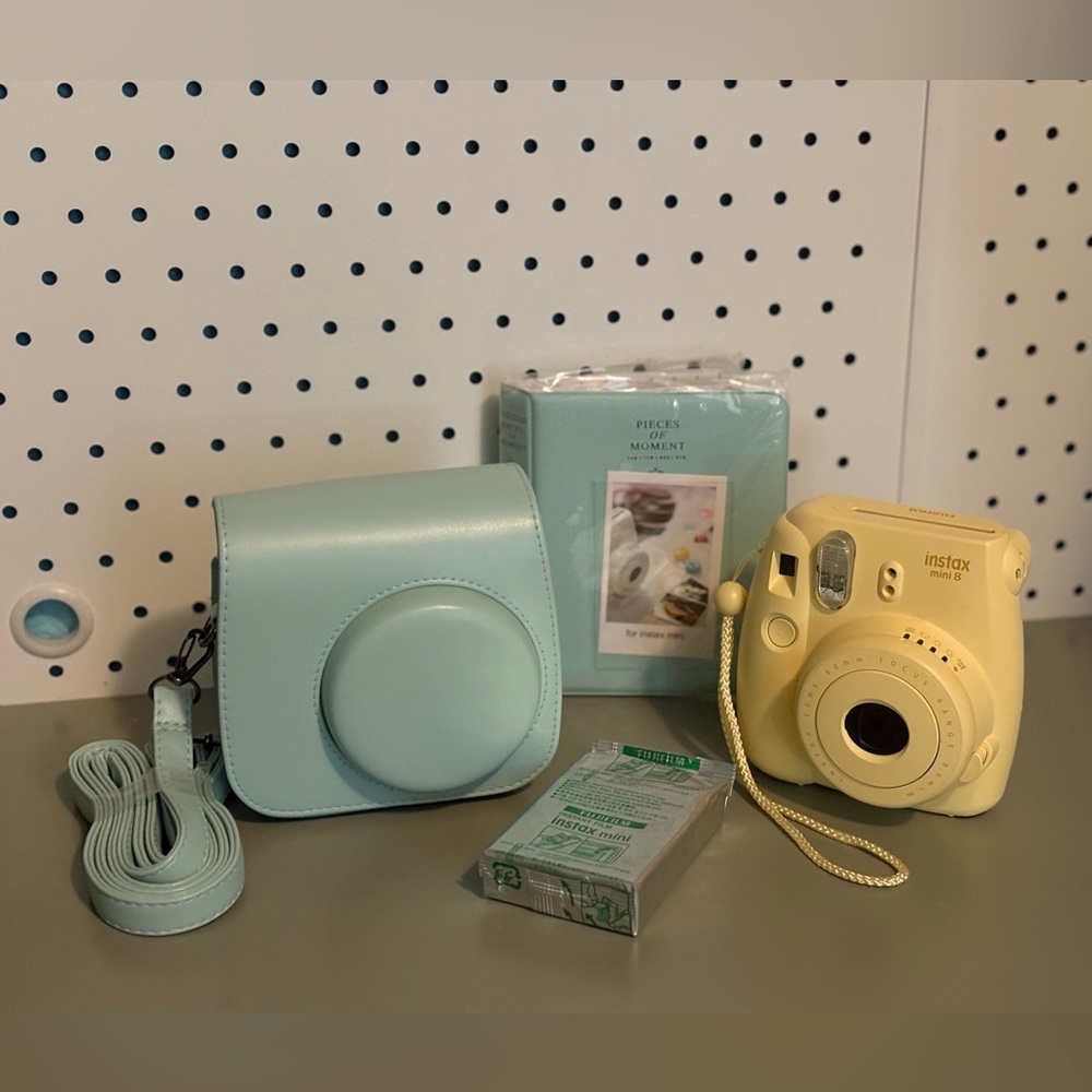 Fujifilm Instax Mini 8 in Yellow Polaroid Camera with Light Blue Case
